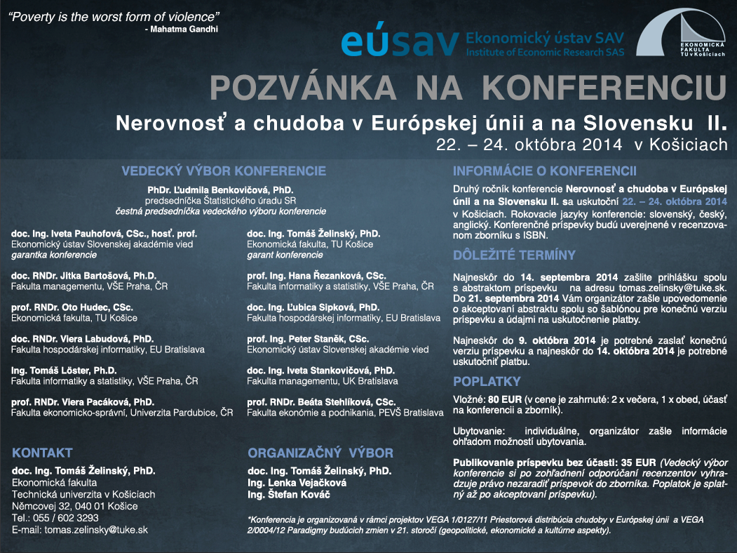 Pozvánka na vedeckú konferenciu Nerovnosť a chudoba v Európskej únii a na Slovensku II.